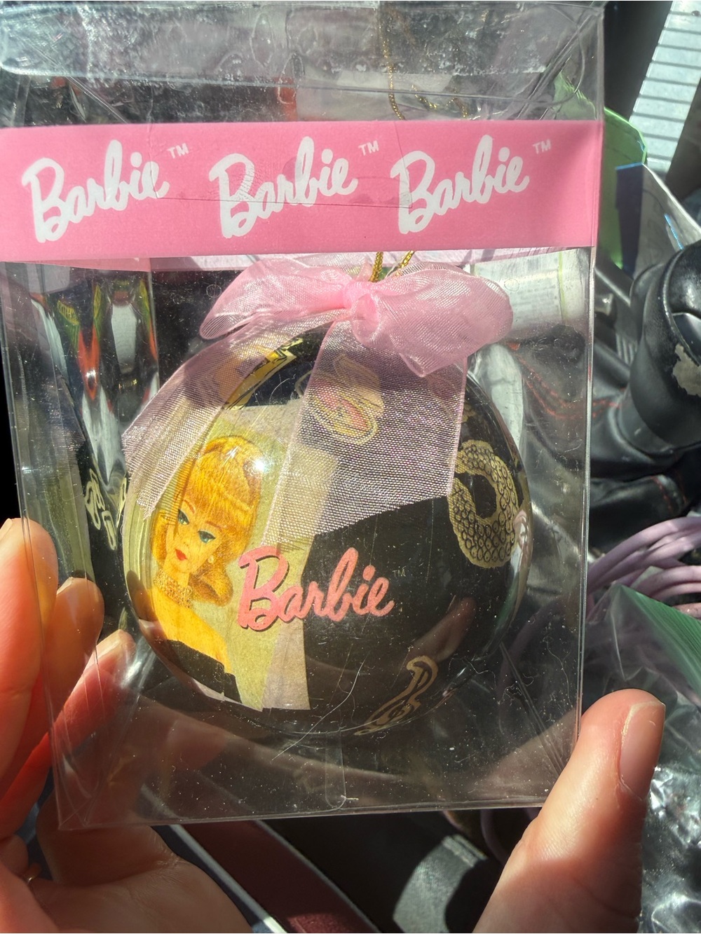 Barbie Black and Pink Retro Logo Ornament with Sheer Bow